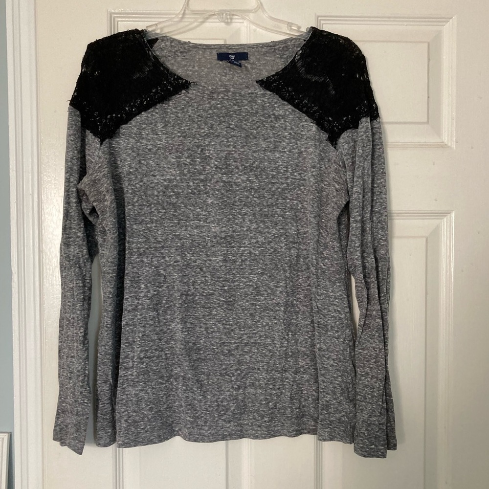 Heather grey top with black lace shoulders
